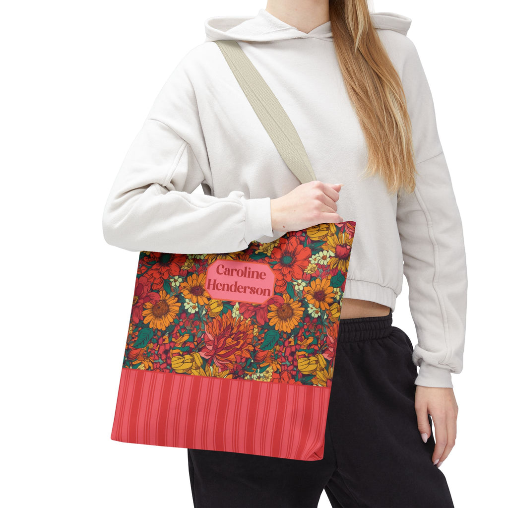 Personalizable Floral Tote - Floral Striped Harvest Tote Bag