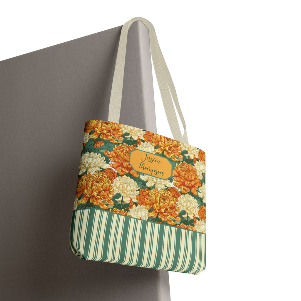Personalizable Vintage Floral Stripe Tote Bag – Cream and Orange Chrysanthemums Tote