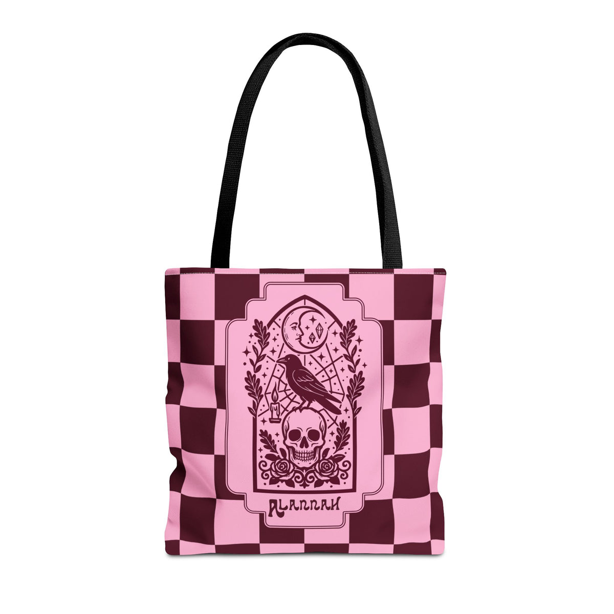 Gothic Raven and Skull Checkerboard Tote Bag - Personalizable Pink Retro Goth Carryall