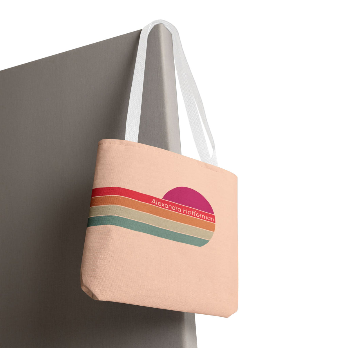 Personalizable Retro Sunset Tote Bag — Pastel Stripes Beach Vibe Carryall