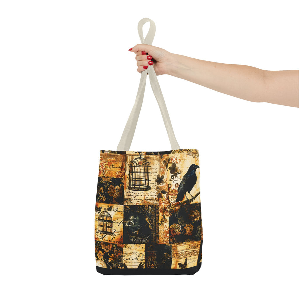 Gothic Raven Patchwork Tote Bag – Vintage Sepia and Black Collage Print