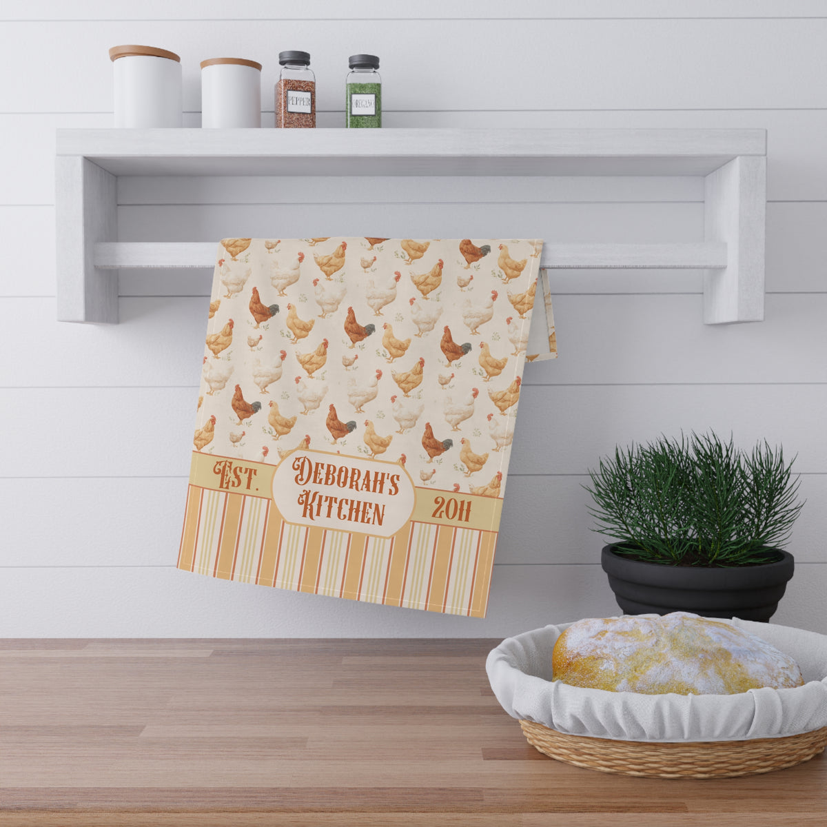 Personalized Farmhouse Chicken Striped Tea Towel - Vintage Name and Date Decorative Towel