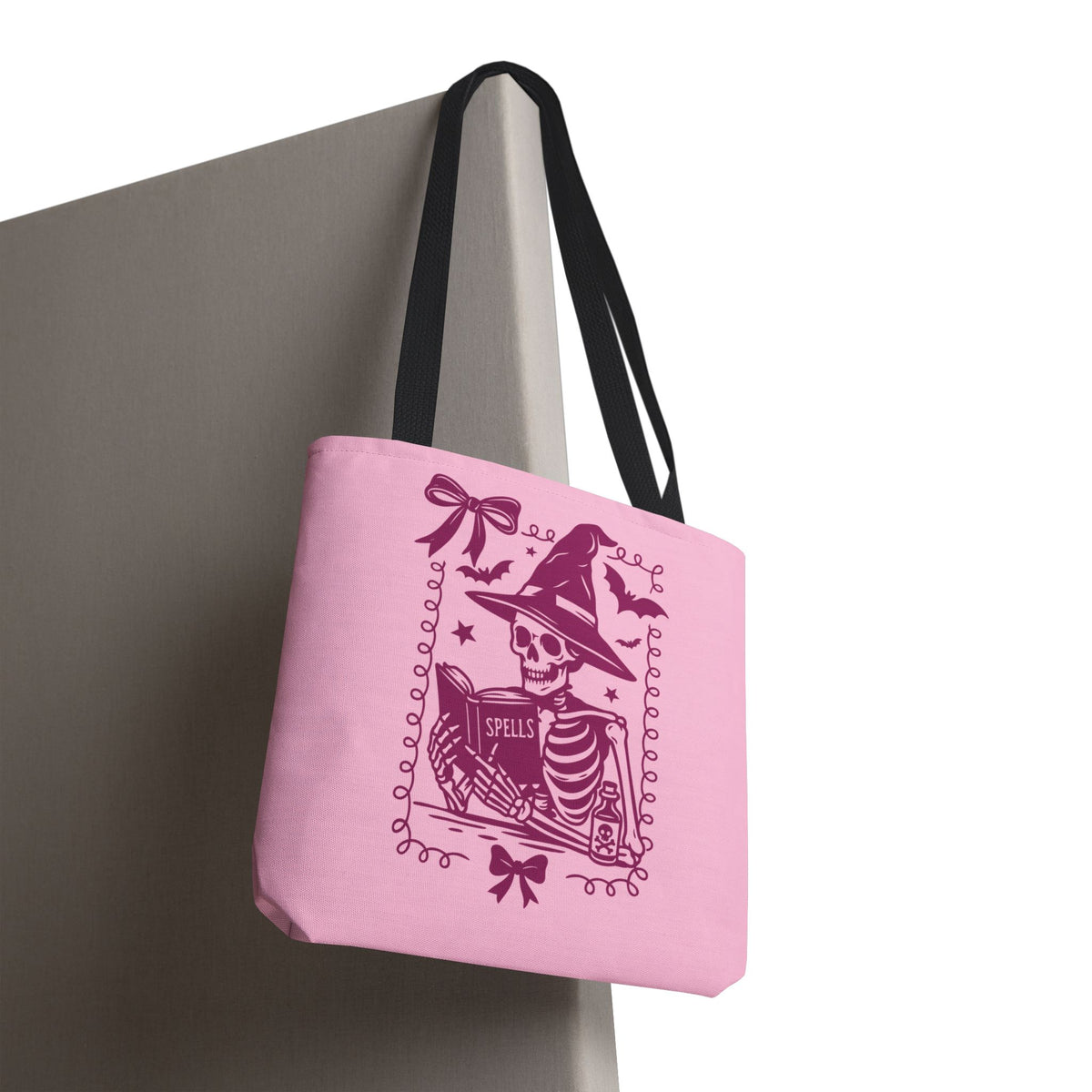 Pink Reading Witch Skeleton Tote Bag — Cute Coquette Frame Halloween Tote