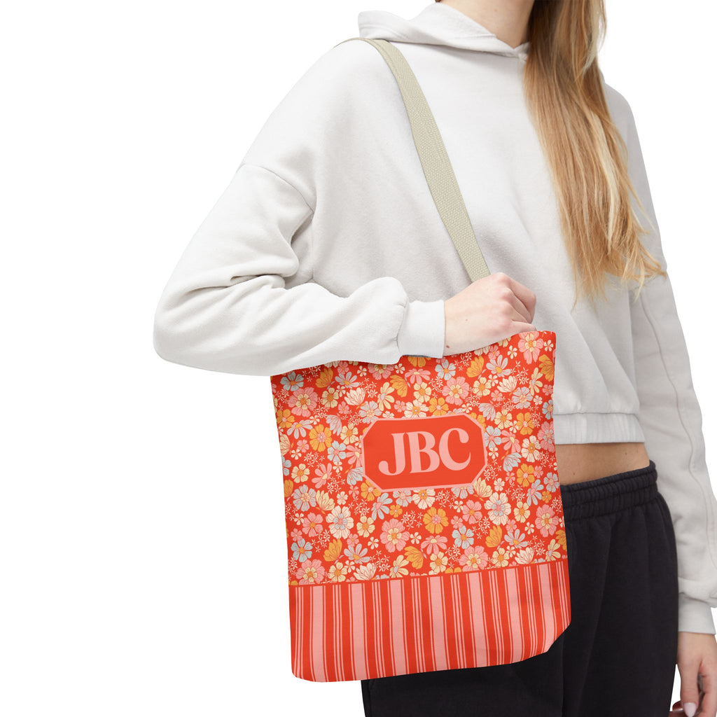 Personalizable Floral Striped Tote Bag - Orange Retro Blossom Tote