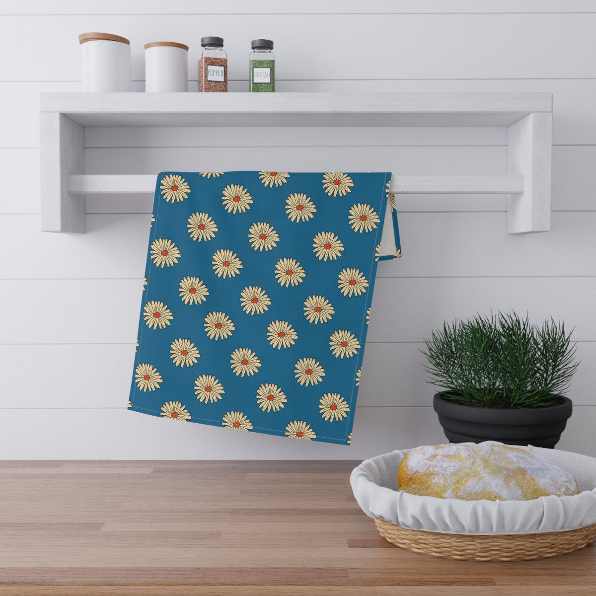 Retro Kitchen Towel - Bright Blue Floral Daisy Tea Towel