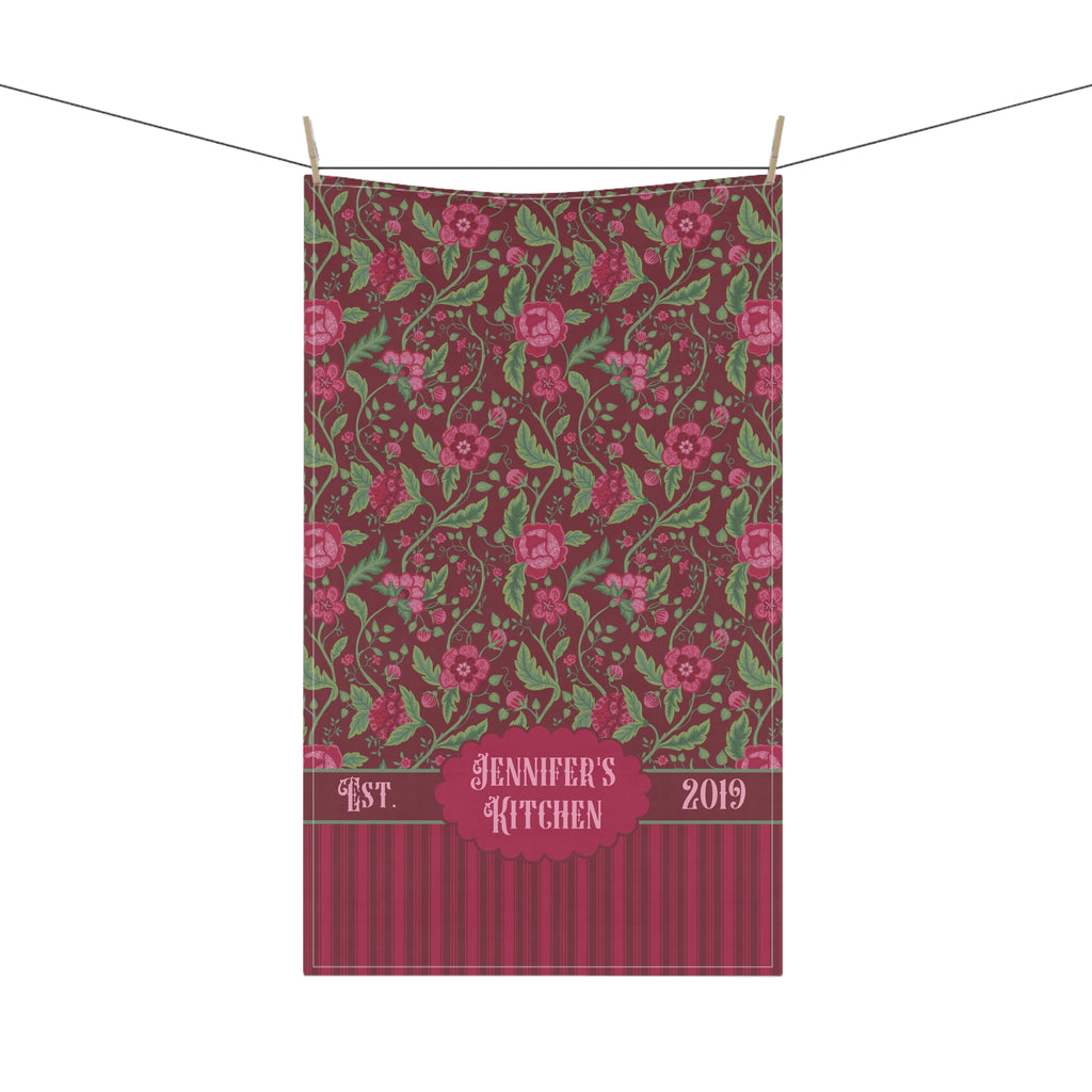 Personalized Vintage Kitchen Towel - Pink and Burgundy Jacobean Floral Striped Tea Towel