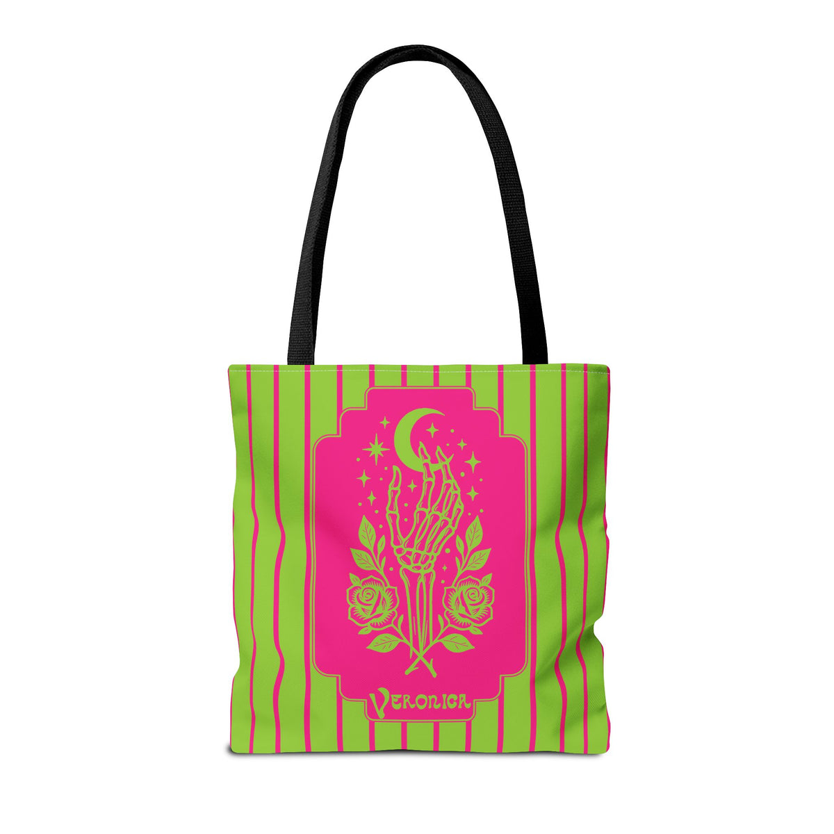 Mystic Skeletal Hand Tote Bag -Personalizable Retro Gothic Neon Moon and Roses Carryall
