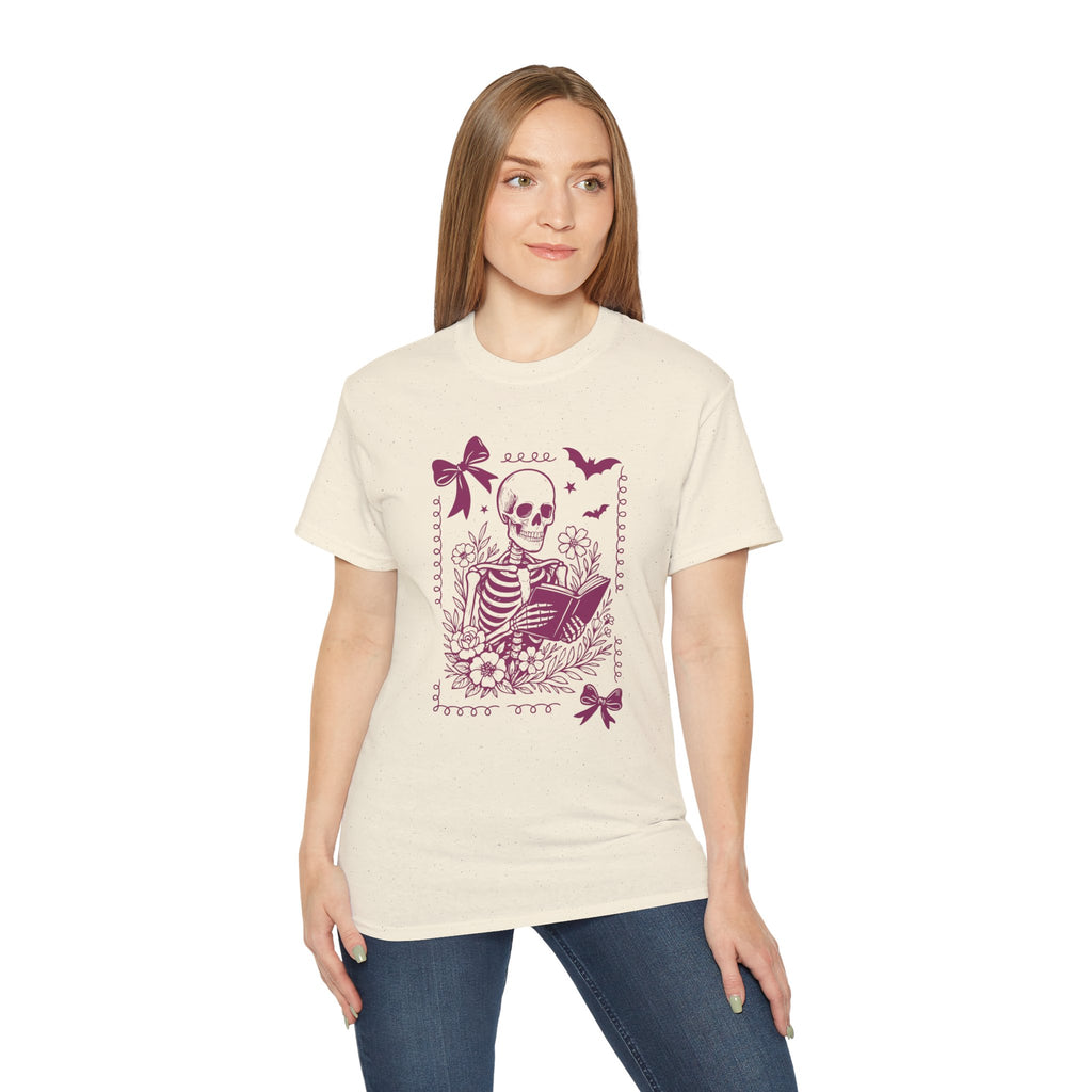 Skeleton Reading Coquette Frame Tee – Floral Skull Book Lover T-Shirt