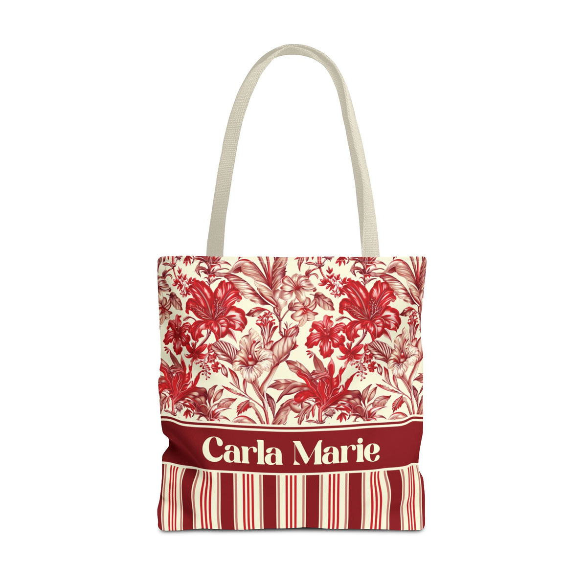 Personalizable Red Lily Tote Bag – Vintage Botanical Floral Striped Carryall