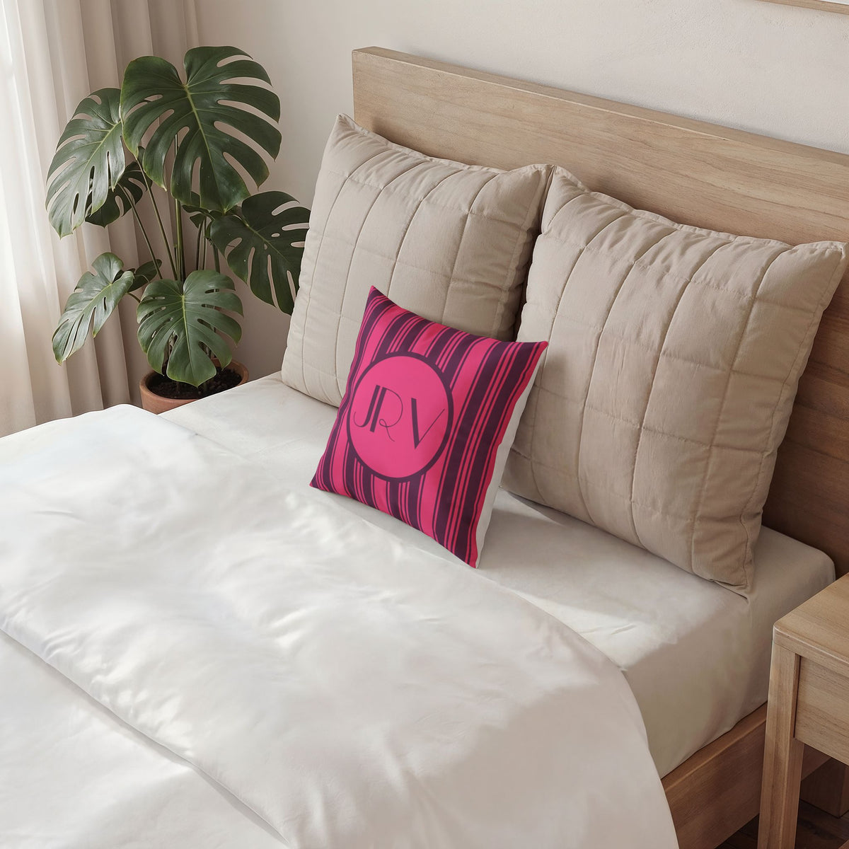 Personalizable Striped Velvet Pillow -Magenta and Violet Ticking Stripe Monogram Pillow