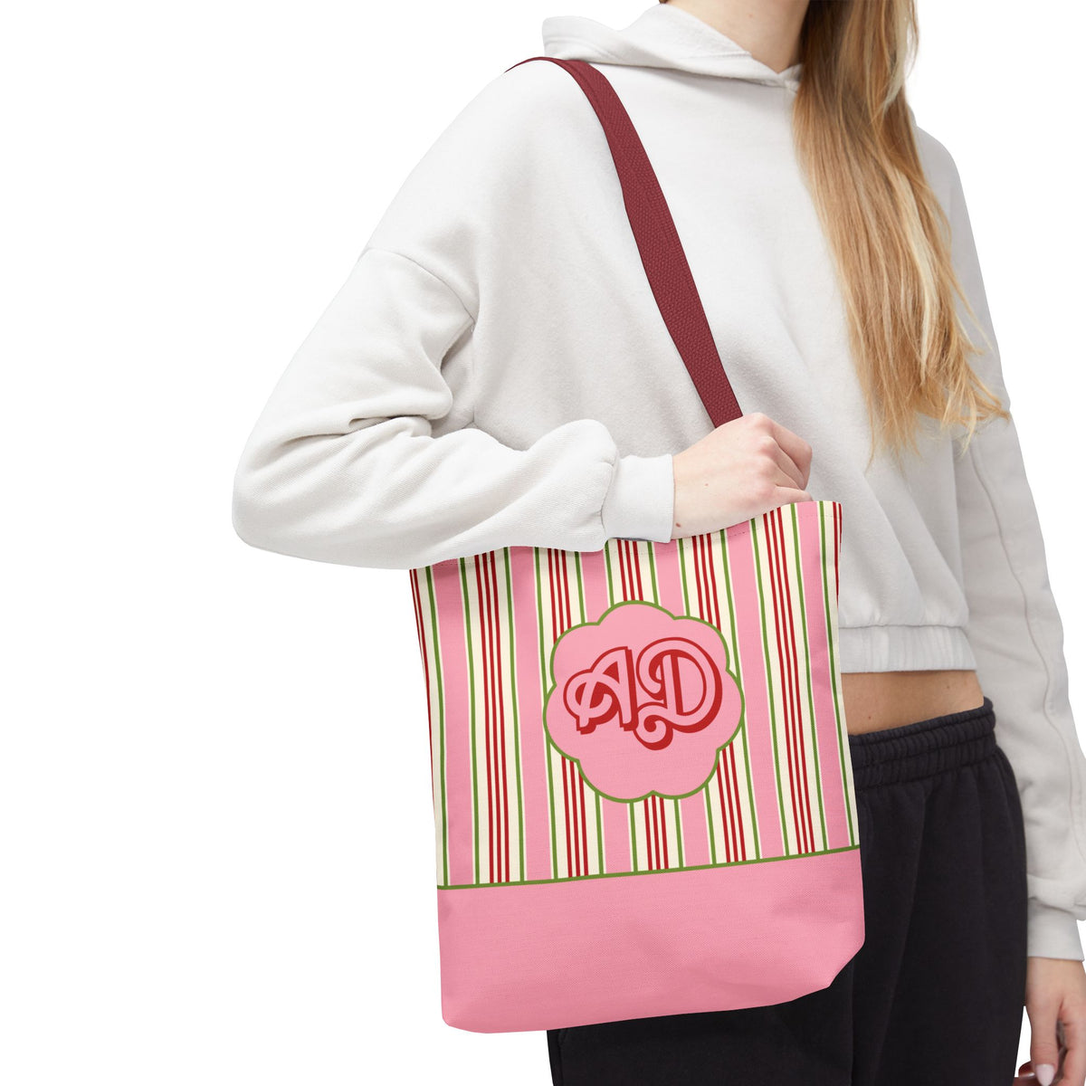 Customizable Striped Pink Tote Bag – Vintage Strawberry Stripe Monogram Tote Bag