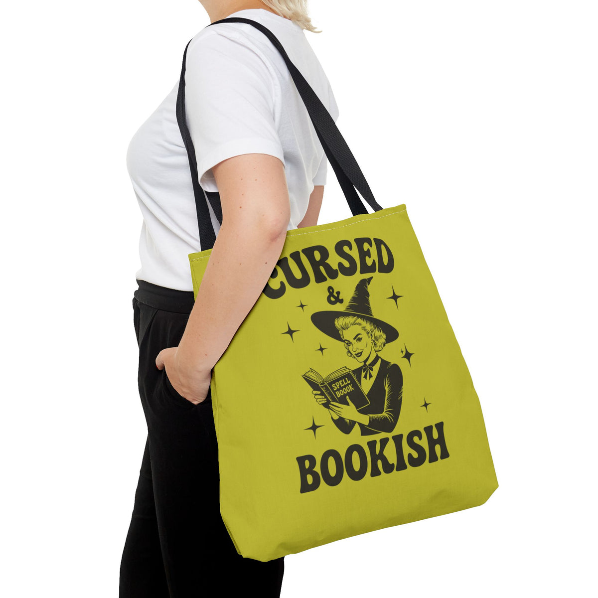 Cursed and Bookish Tote Bag — Green Witchy Reader Tote for Book Lovers