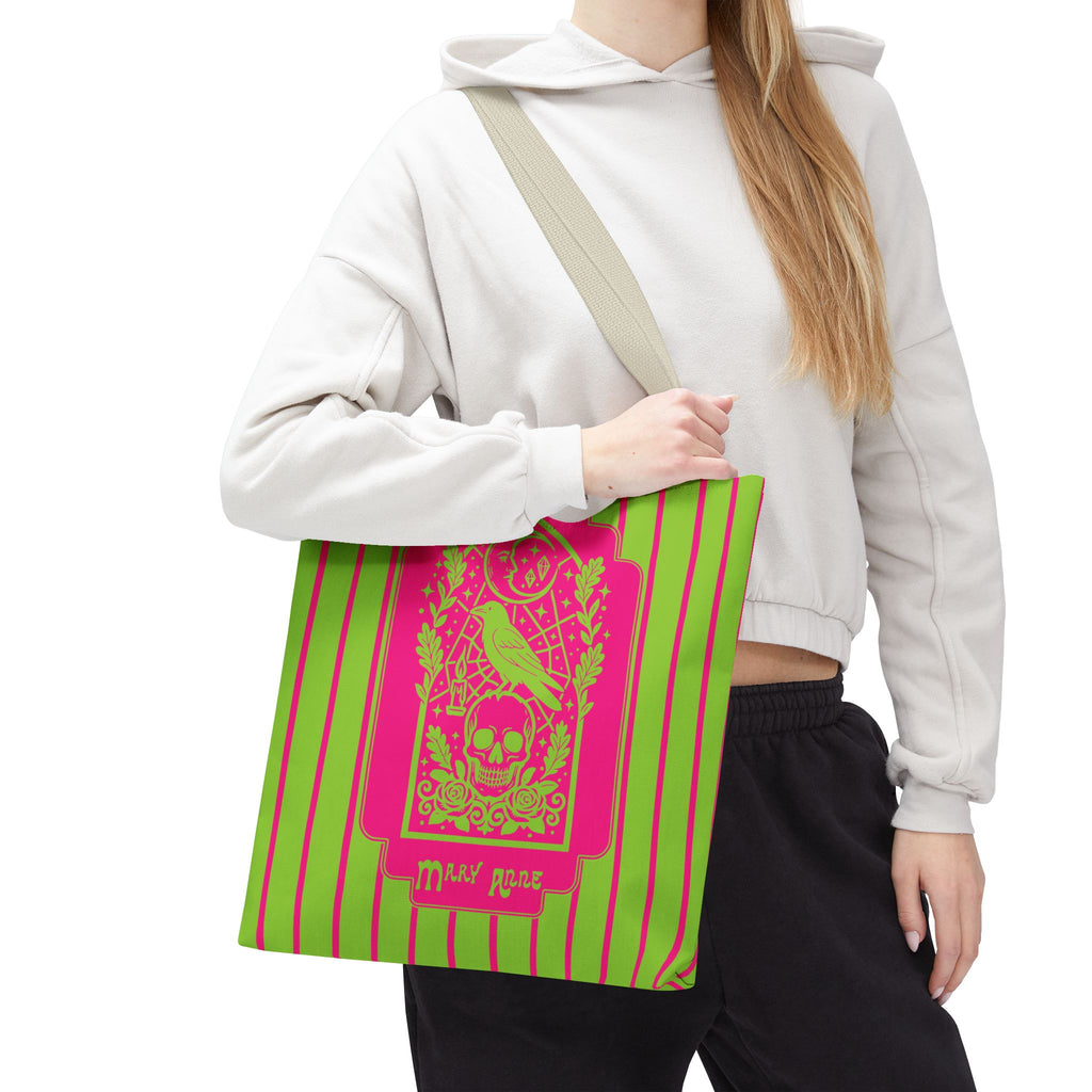 Neon Gothic Raven and Skull Tote Bag - Personalizable Pink and Green Retro Goth Carryall