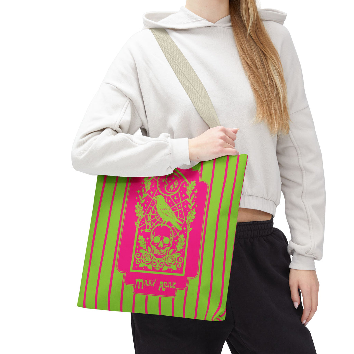 Neon Gothic Raven and Skull Tote Bag - Personalizable Pink and Green Retro Goth Carryall