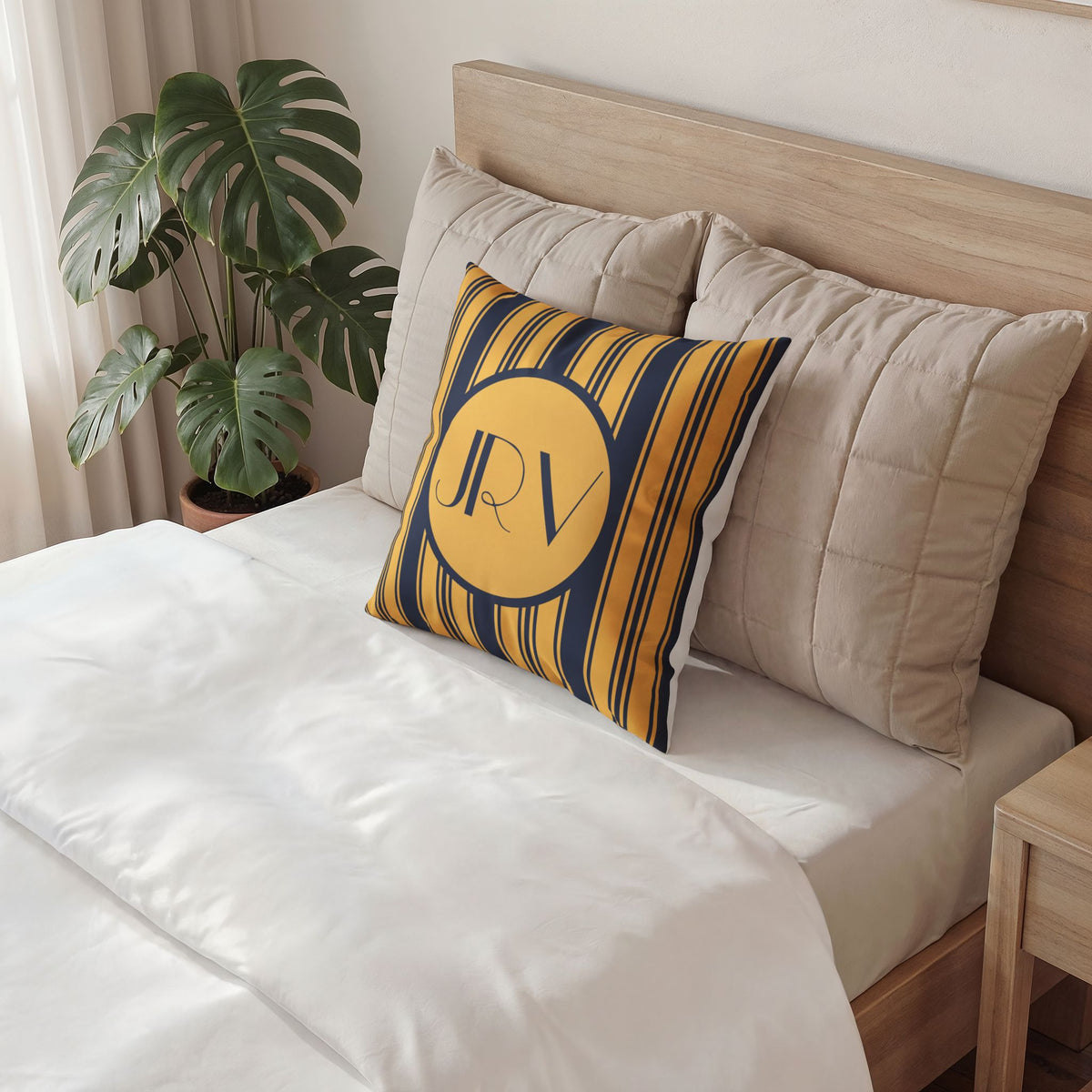 Personalizable Velvet Pillow - Blue and Gold Ticking Stripe Monogram Throw Pillow