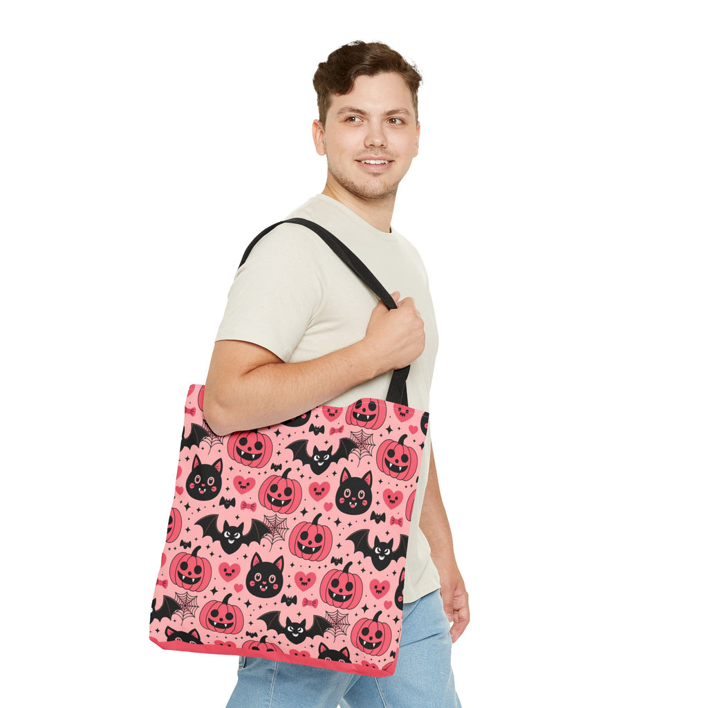 Cute Halloween Trick or Treat Tote Bag  - Pink Pumpkins, Black Cats and Bats Candy Carryall
