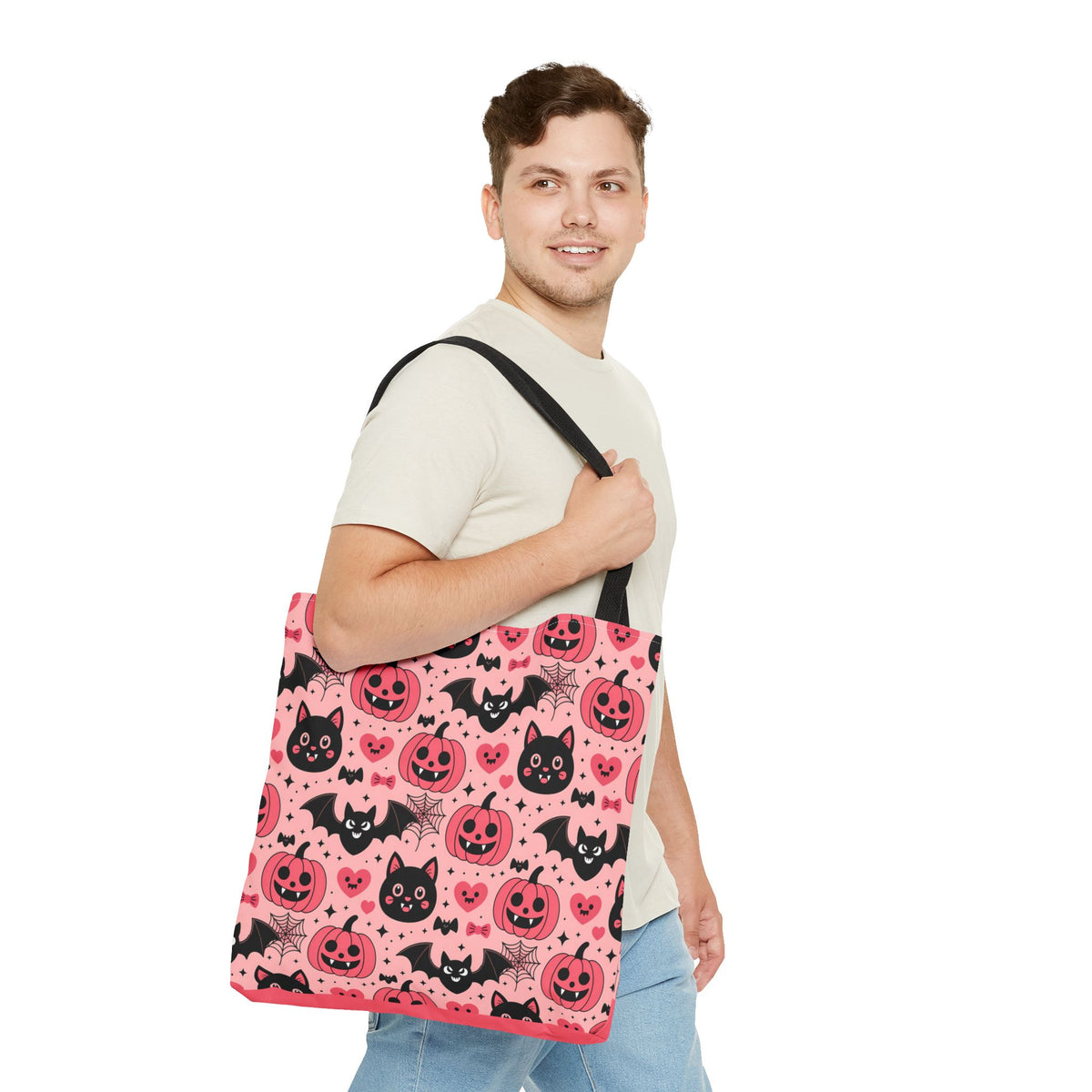 Cute Halloween Trick or Treat Tote Bag  - Pink Pumpkins, Black Cats and Bats Candy Carryall
