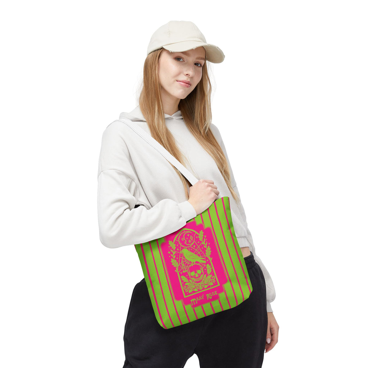 Neon Gothic Raven and Skull Tote Bag - Personalizable Pink and Green Retro Goth Carryall