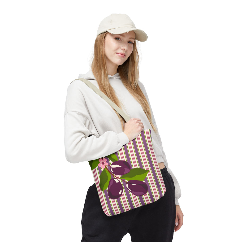 Plum Orchard Striped Tote Bag - Floral Plum Bouquet All-Over Print Tote