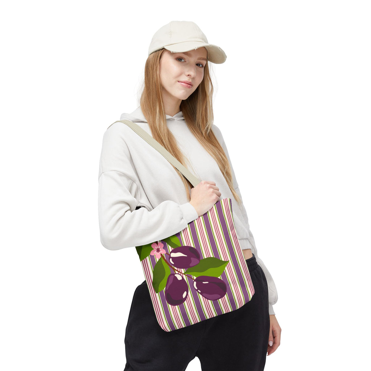 Plum Orchard Striped Tote Bag - Floral Plum Bouquet All-Over Print Tote
