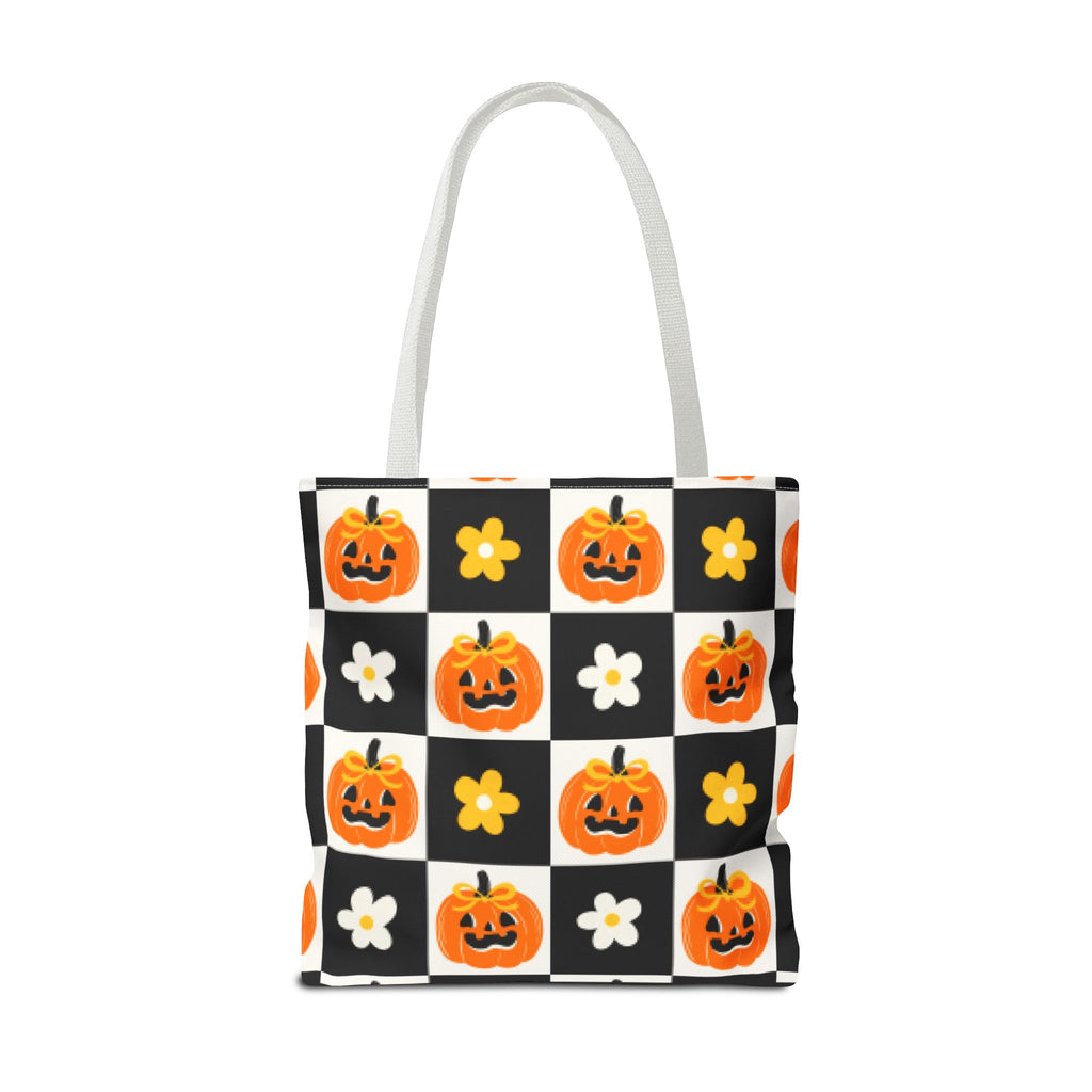 Coquette Pumpkin and Daisy Checkerboard Tote Bag - Cute Jack O Lantern Carryall