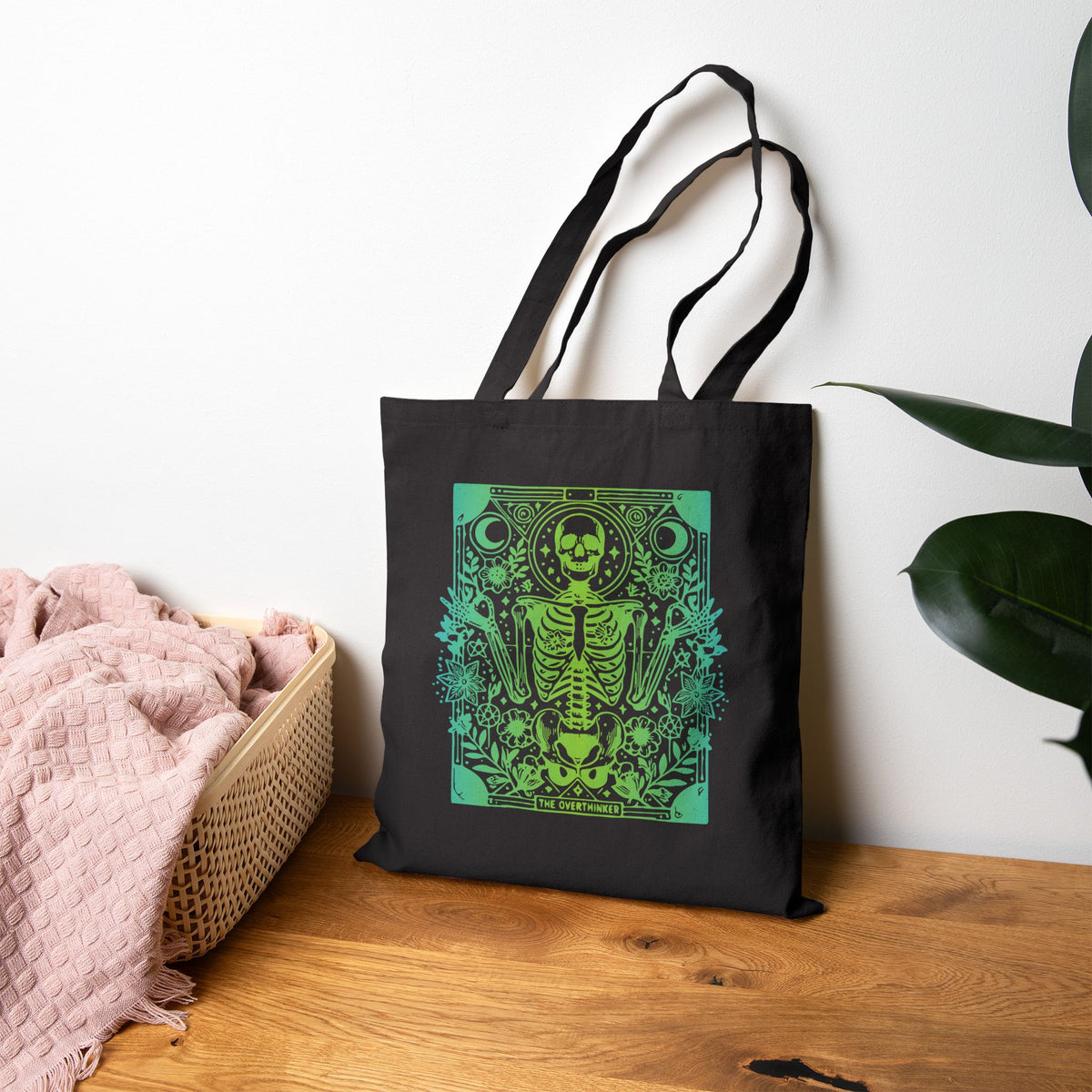 "The Overthinker" Skeleton Botanical Tote - Cotton Canvas Tarot Tote Bag