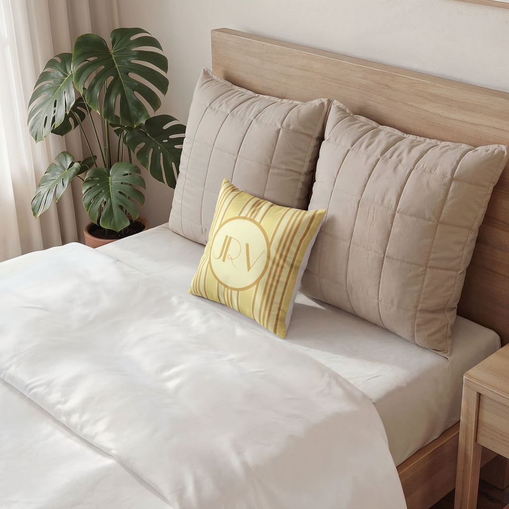 Personalizable Velvet Pillow - Butter Yellow Striped Monogram Pillow