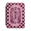 A tablet case featuring a pink and dark burgundy checkerboard pattern with a central gothic-style illustration of a hand holding a key under a crescent moon and stars.