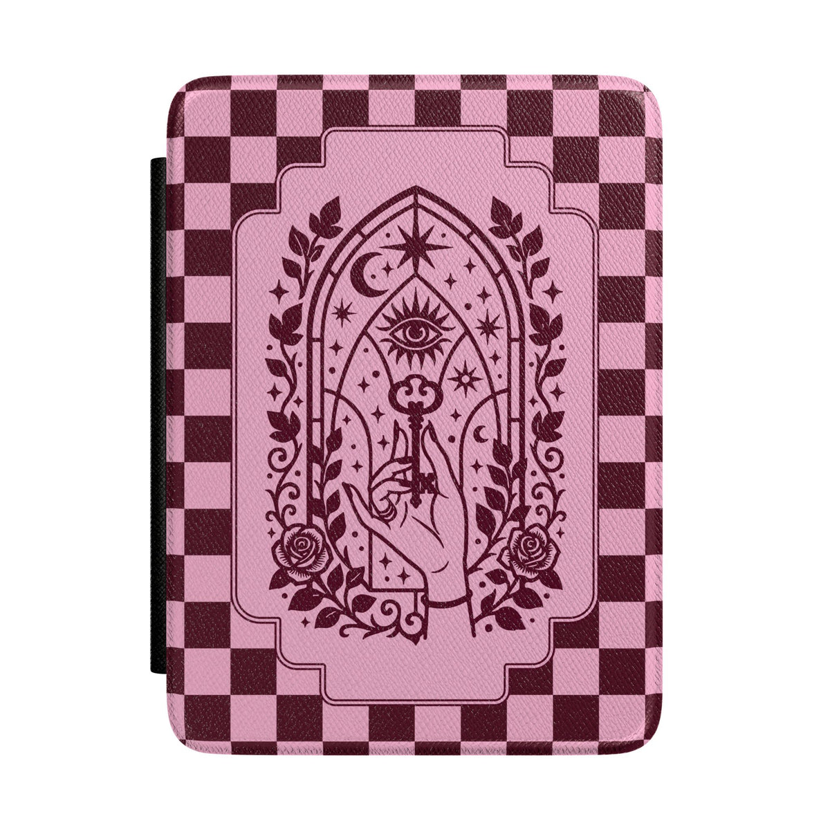 A tablet case featuring a pink and dark burgundy checkerboard pattern with a central gothic-style illustration of a hand holding a key under a crescent moon and stars.