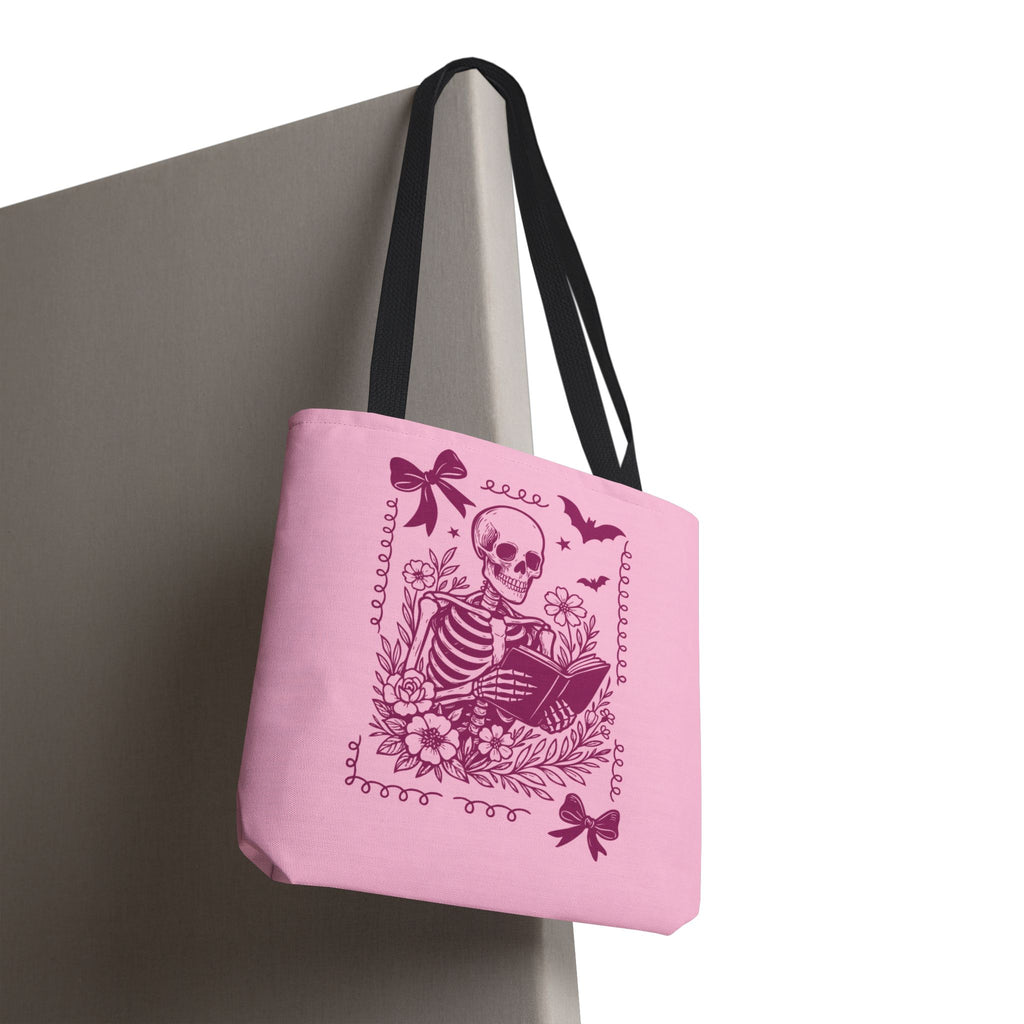 Floral Pink Reading Skeleton Tote Bag  - Cute Gothic Booklover Tote