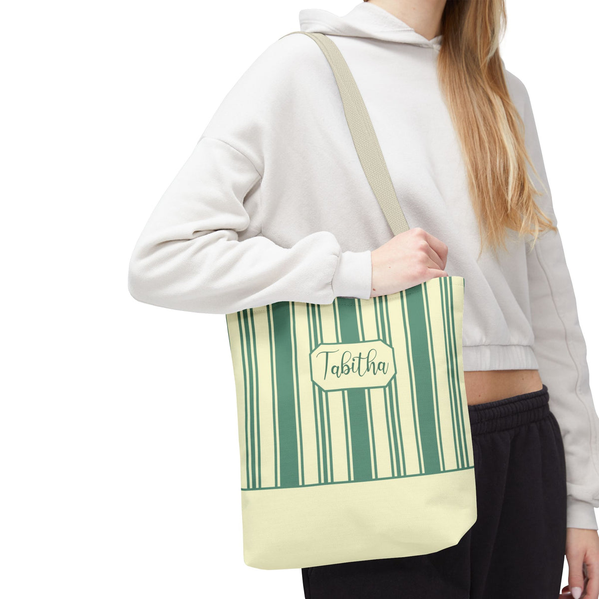 Striped Personalizable Carryall – Retro Mint and Cream Stripe Everyday Tote Bag