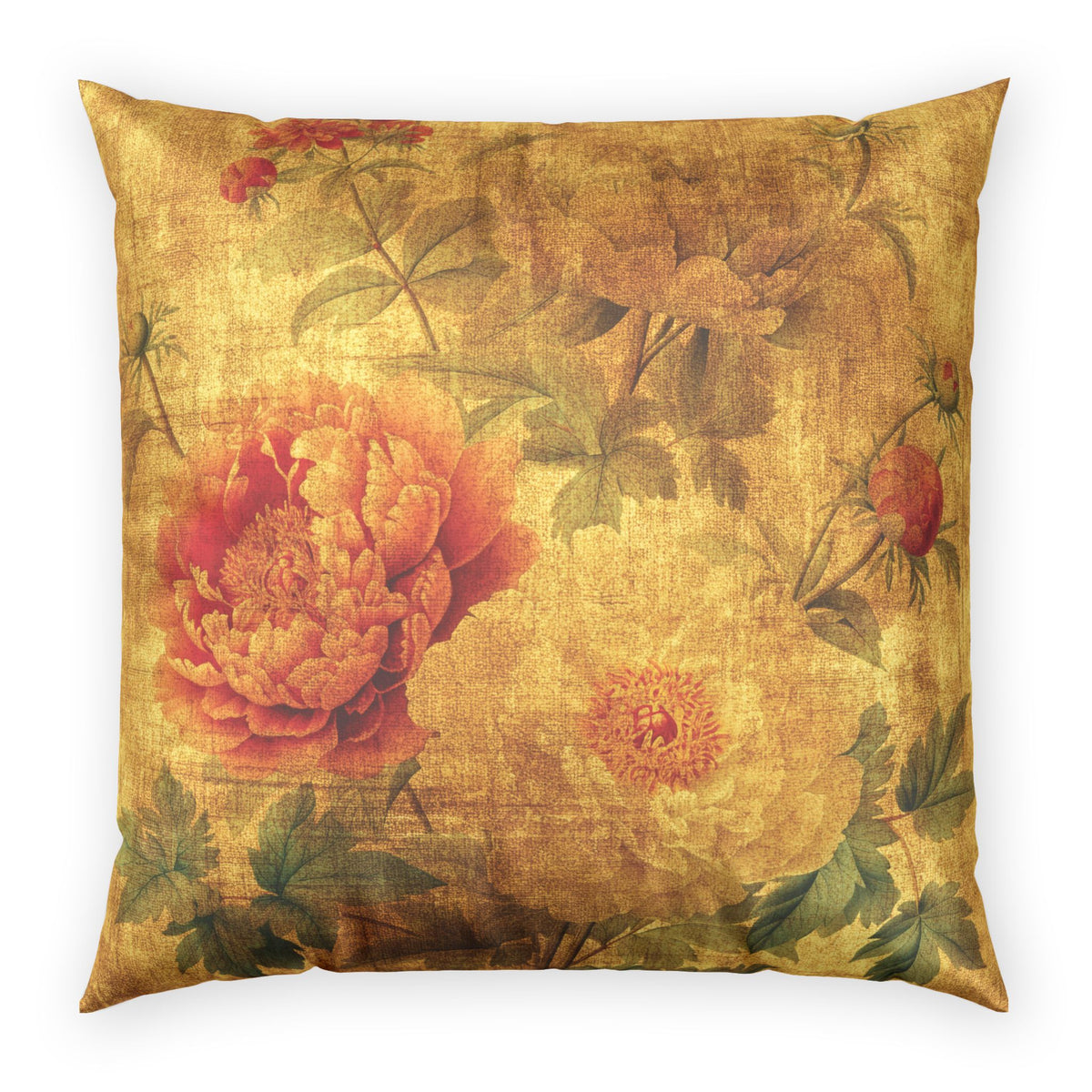 Elegant Gold Velvet Throw Pillow - Vintage Peonies Decorative Pillow