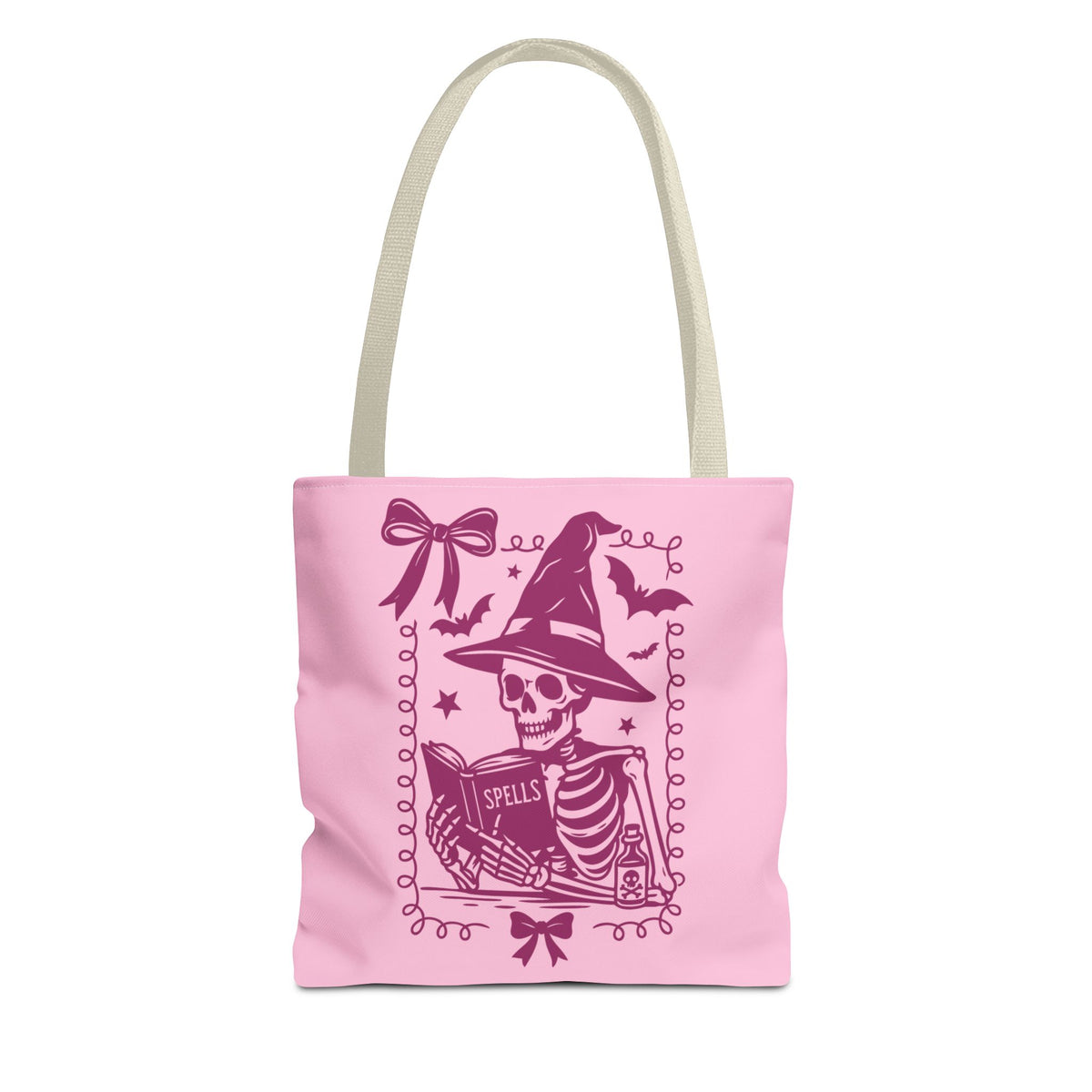 Pink Reading Witch Skeleton Tote Bag — Cute Coquette Frame Halloween Tote