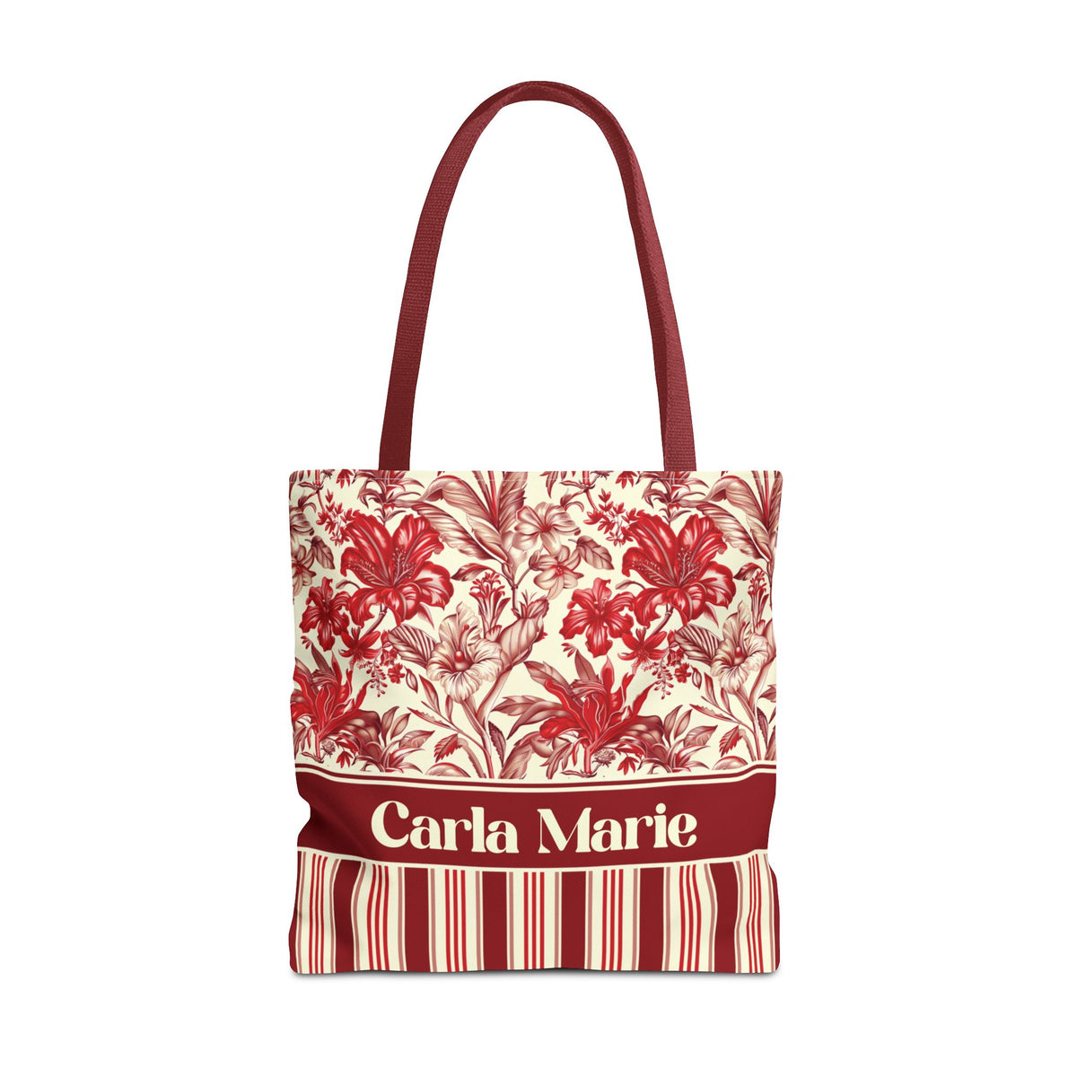 Personalizable Red Lily Tote Bag – Vintage Botanical Floral Striped Carryall