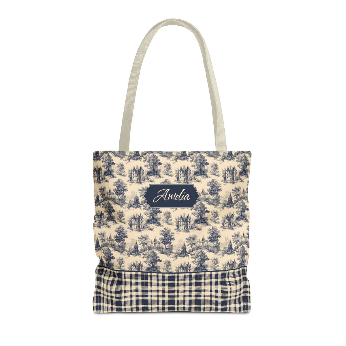 Personalizable Cottagecore Bag - Navy Toile and Plaid Tote