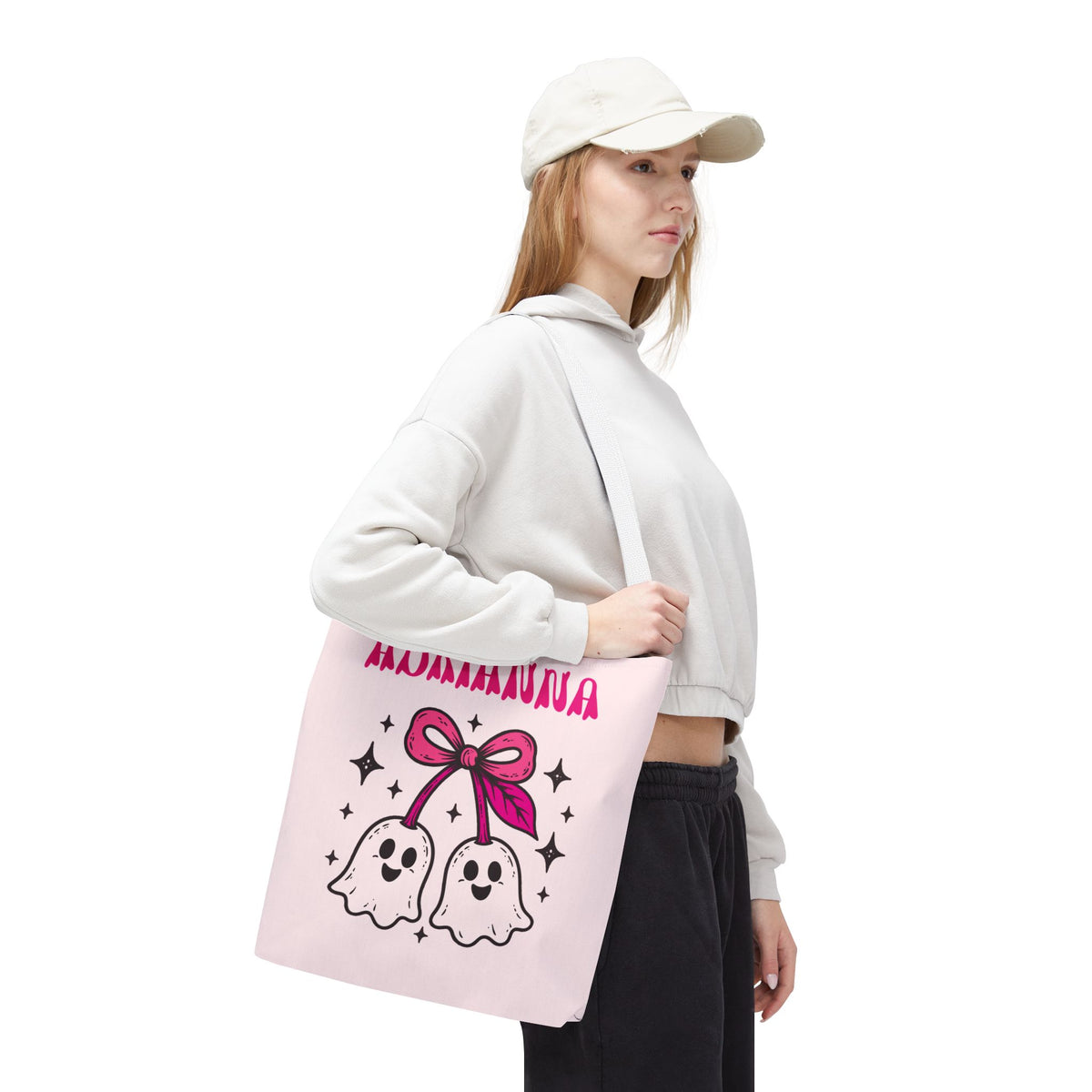 Pink Cute Ghost Cherries Tote Bag - "Spooky and a Cutie" Personalized Halloween Tote