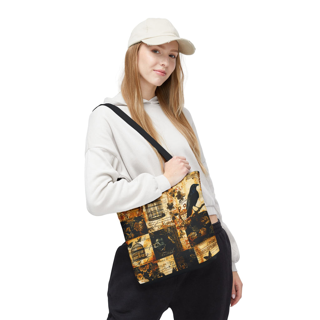 Gothic Raven Patchwork Tote Bag – Vintage Sepia and Black Collage Print