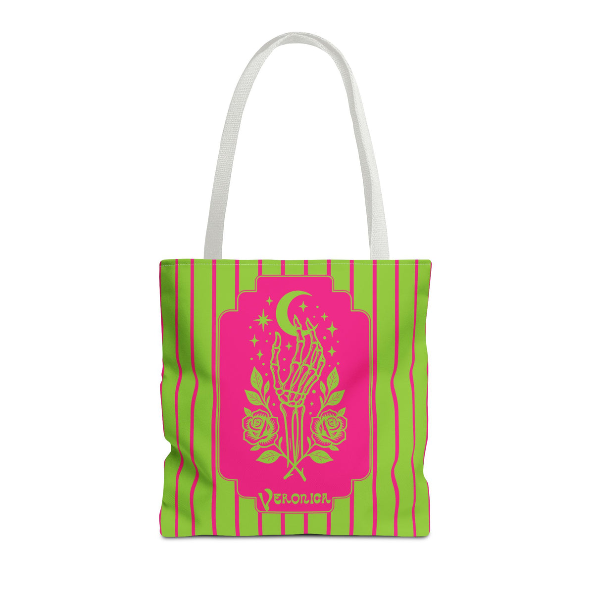 Mystic Skeletal Hand Tote Bag -Personalizable Retro Gothic Neon Moon and Roses Carryall
