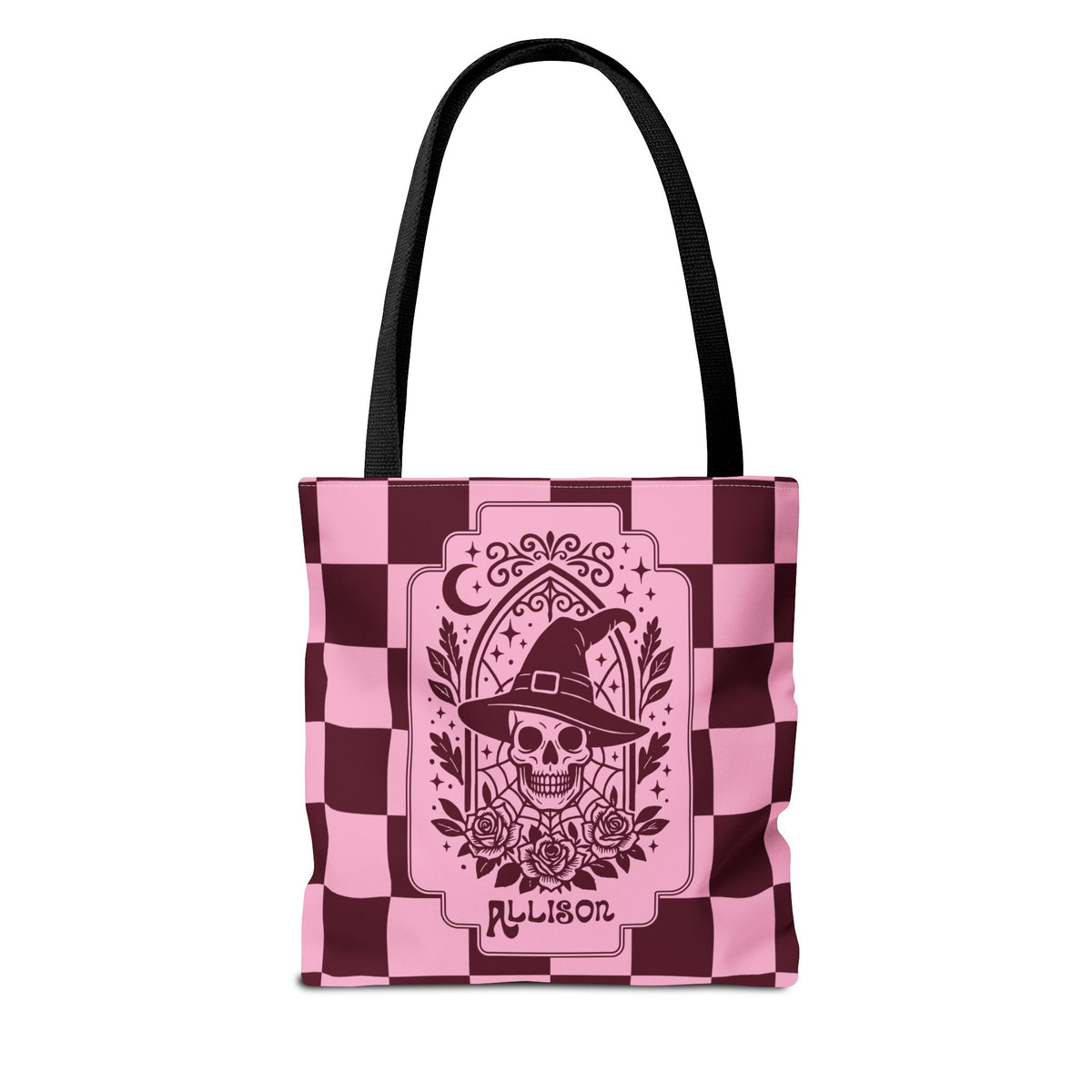 Pink Spooky Checkerboard Carryall - Gothic Witch Skull Personalizable Tote