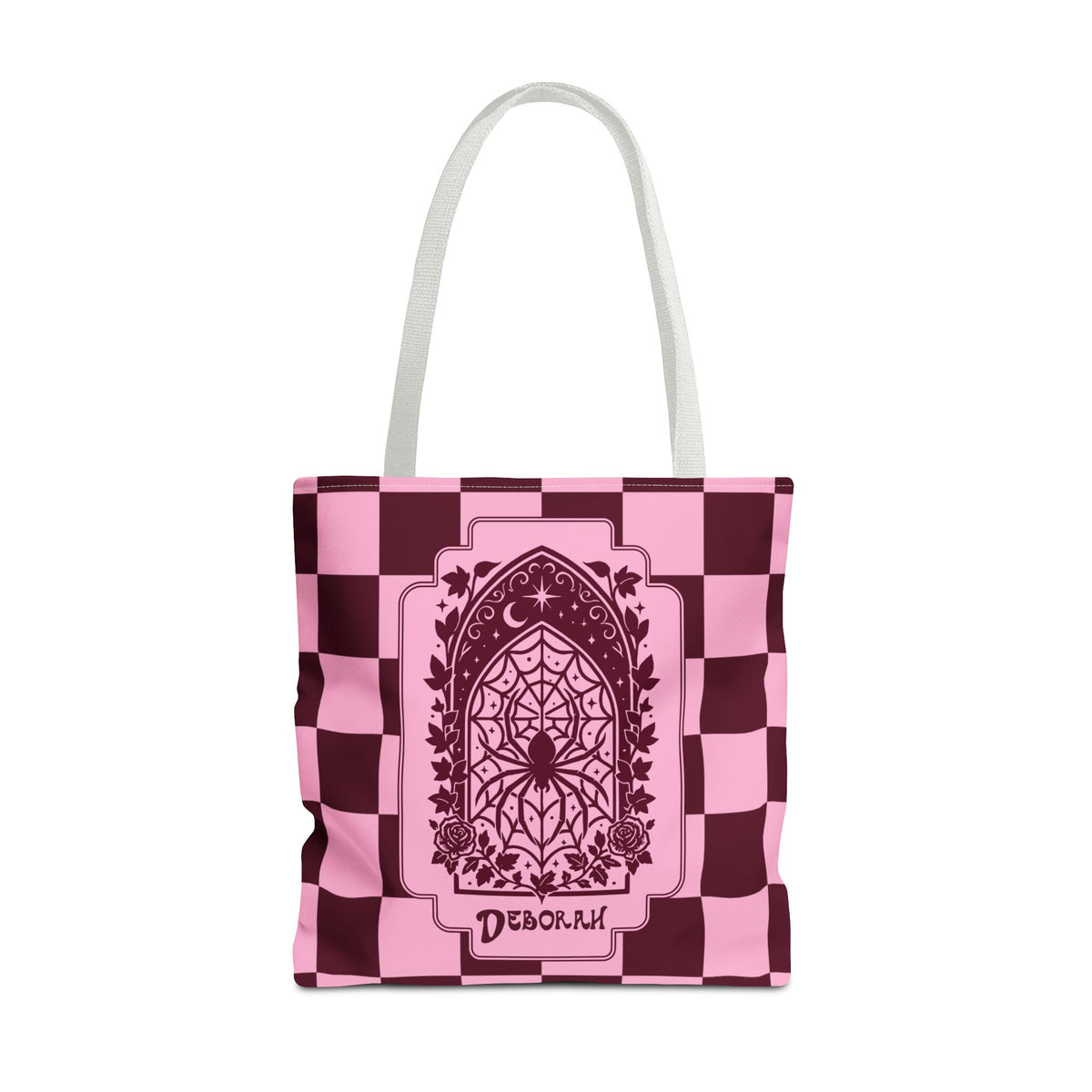 Personalizable Pink and Burgundy Retro Goth Tote with Mystic Spider Stained Glass Design