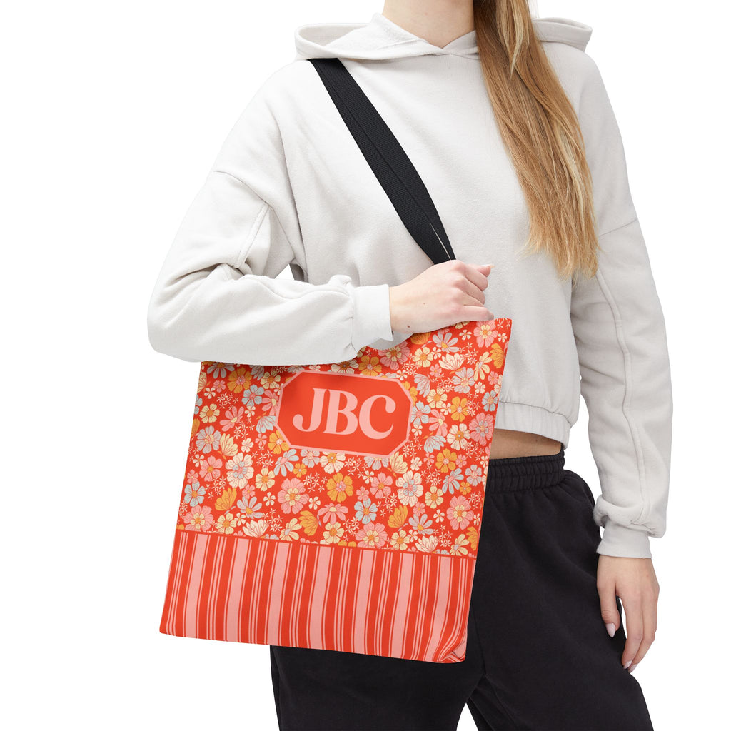 Personalizable Floral Striped Tote Bag - Orange Retro Blossom Tote