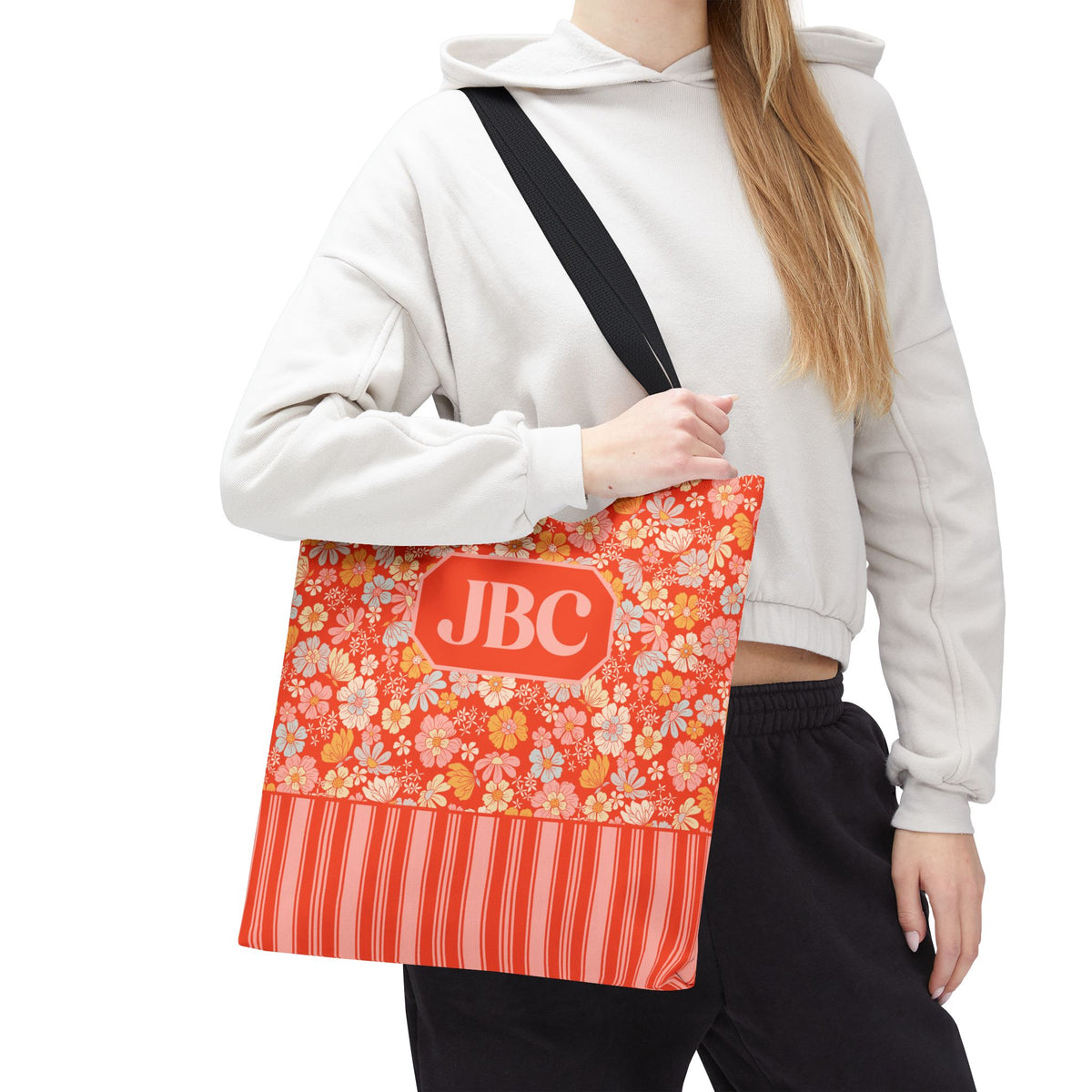 Personalizable Floral Striped Tote Bag - Orange Retro Blossom Tote