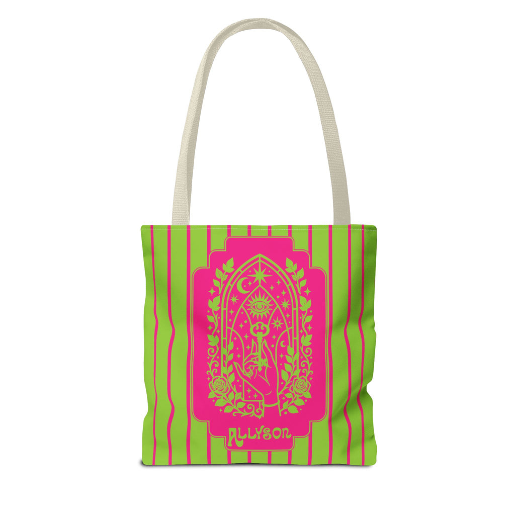Personalizable Mystic Hand Neon Key Tote Bag -Retro Pink and Lime All-Over Print