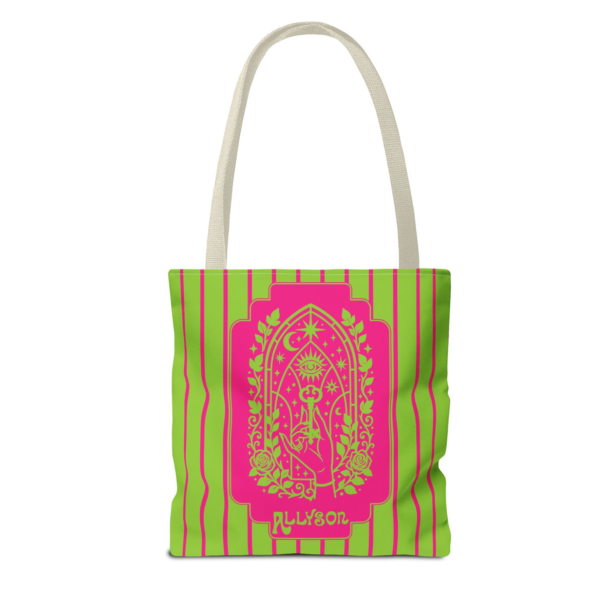 Personalizable Mystic Hand Neon Key Tote Bag -Retro Pink and Lime All-Over Print