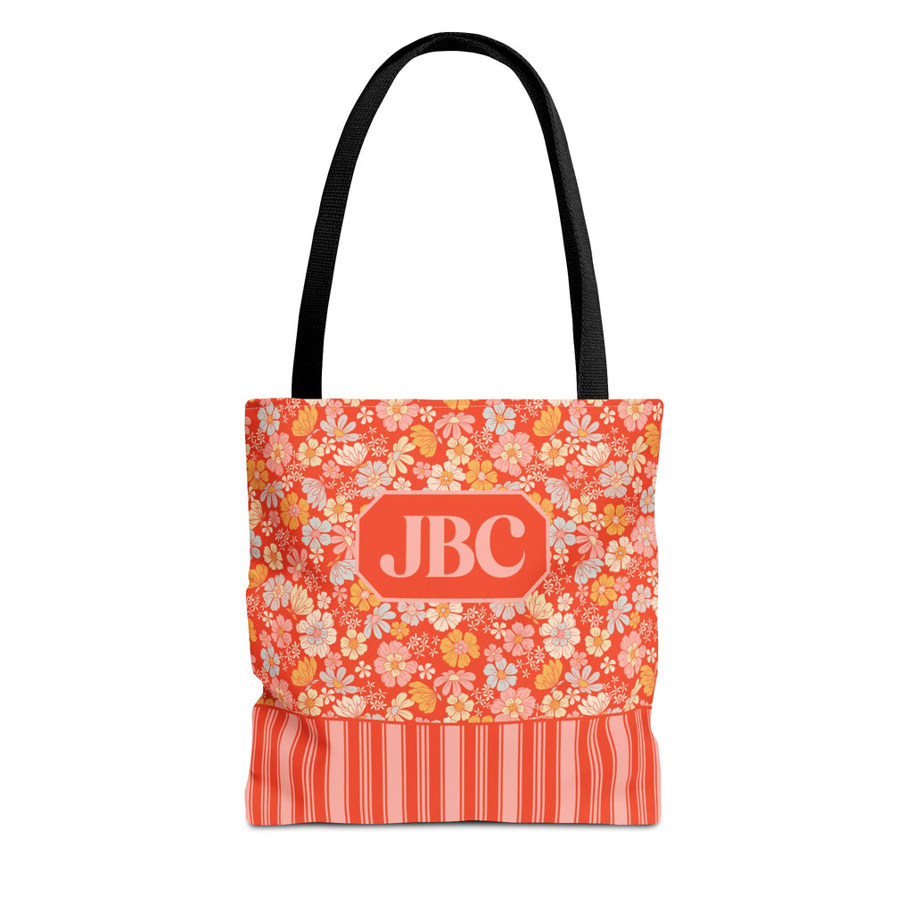 Personalizable Floral Striped Tote Bag - Orange Retro Blossom Tote