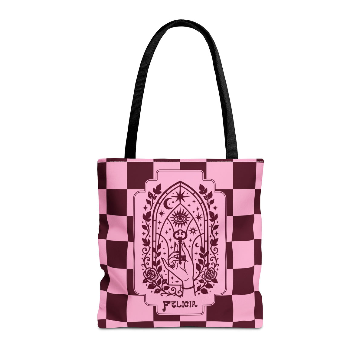 Personalizable Mystic Hand with Key Checkerboard Tote Bag – Pink and Burgundy Retro Goth Carryall