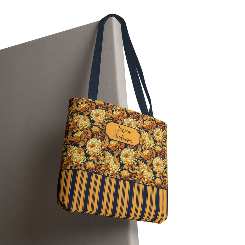 Personalizable Floral Harvest Tote Bag — Vintage Chrysanthemum Striped Tote