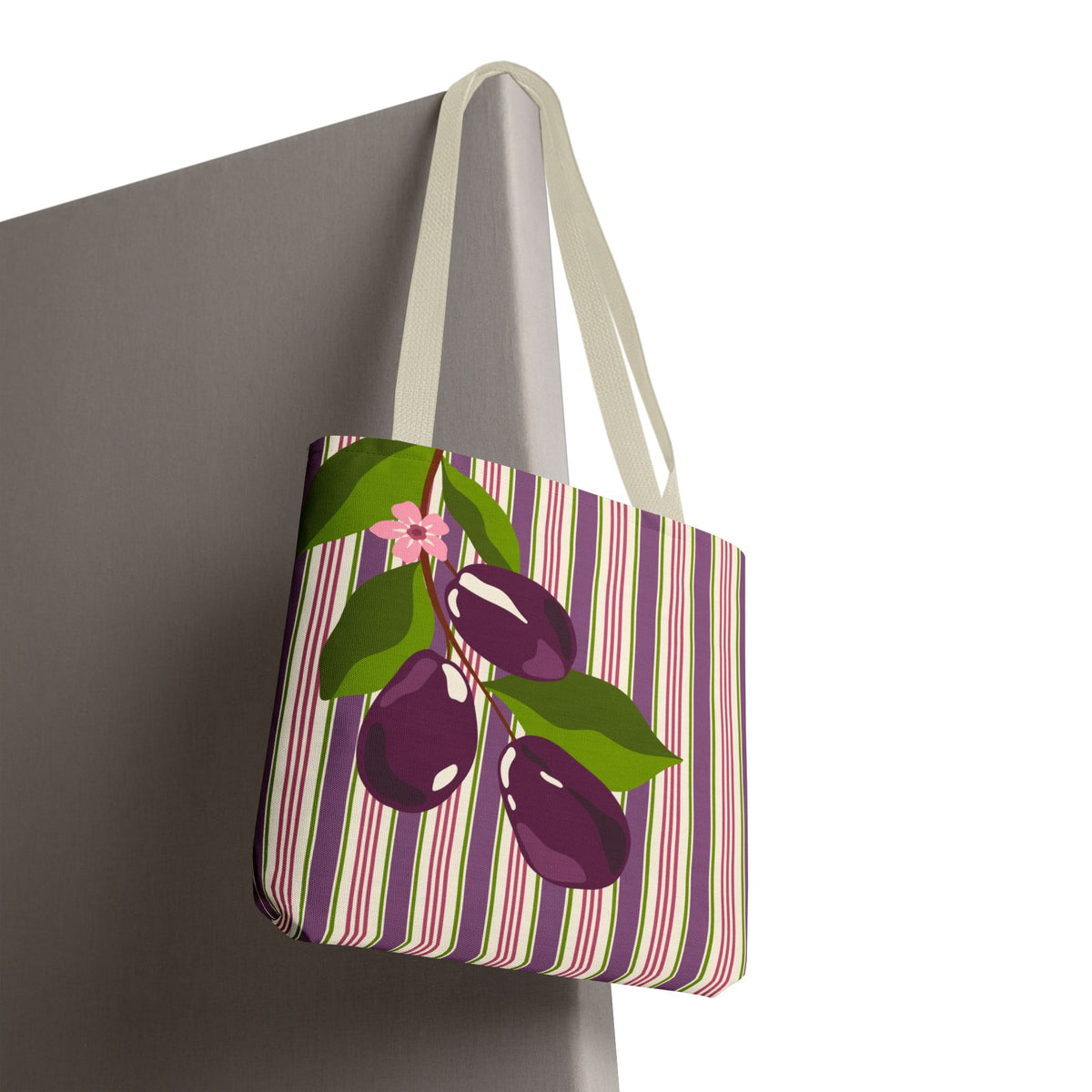 Plum Orchard Striped Tote Bag - Floral Plum Bouquet All-Over Print Tote