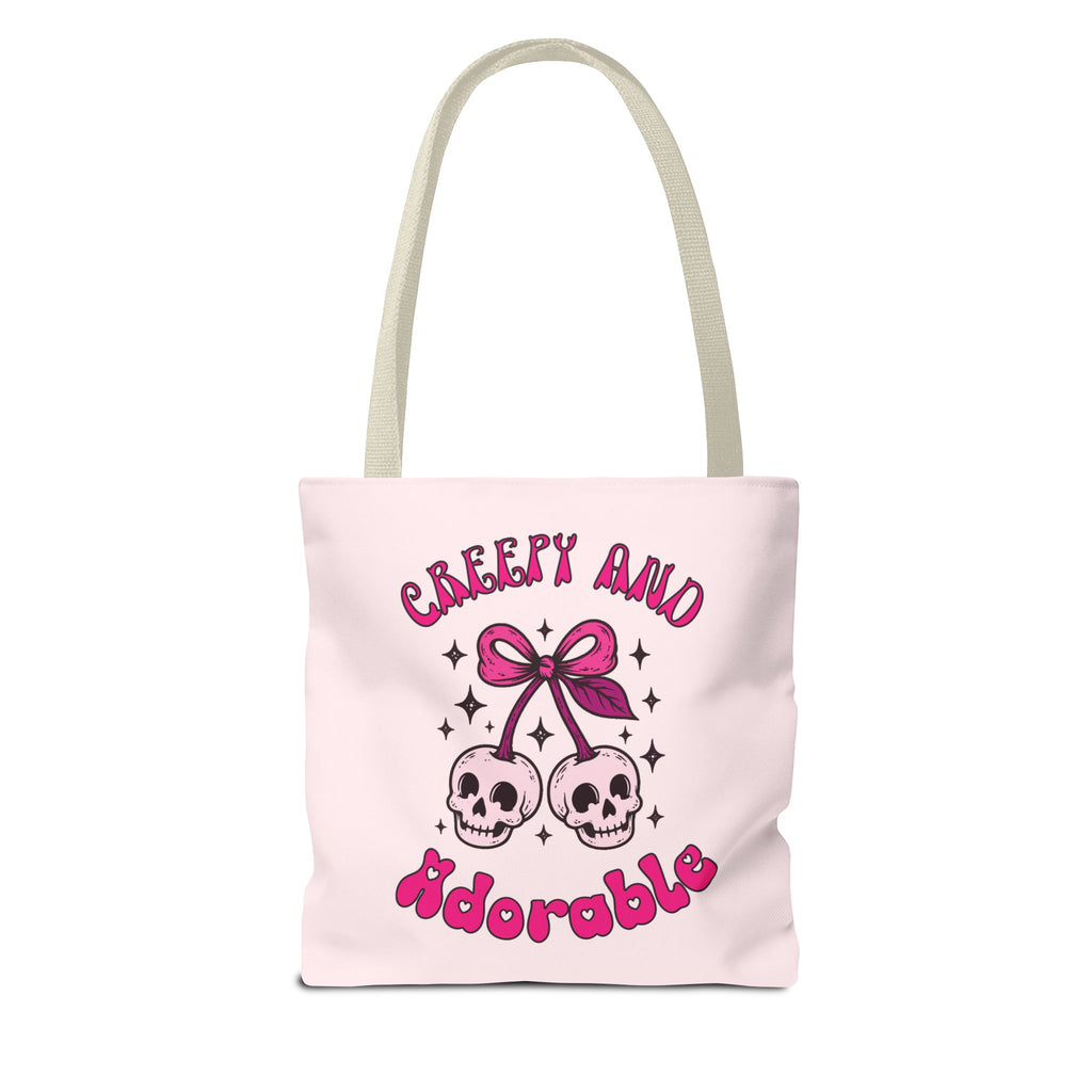 Personalized 'Creepy and Adorable' Pink Skull Cherries Tote Bag - Custom Trick-or-Treat Keepsake