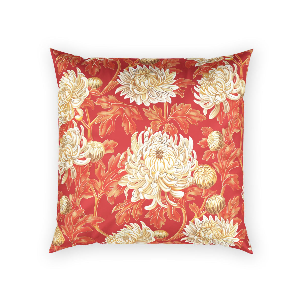 Elegant Floral Velvet Pillow - Cream Chrysanthemums on Vermillion Decorative Pillow